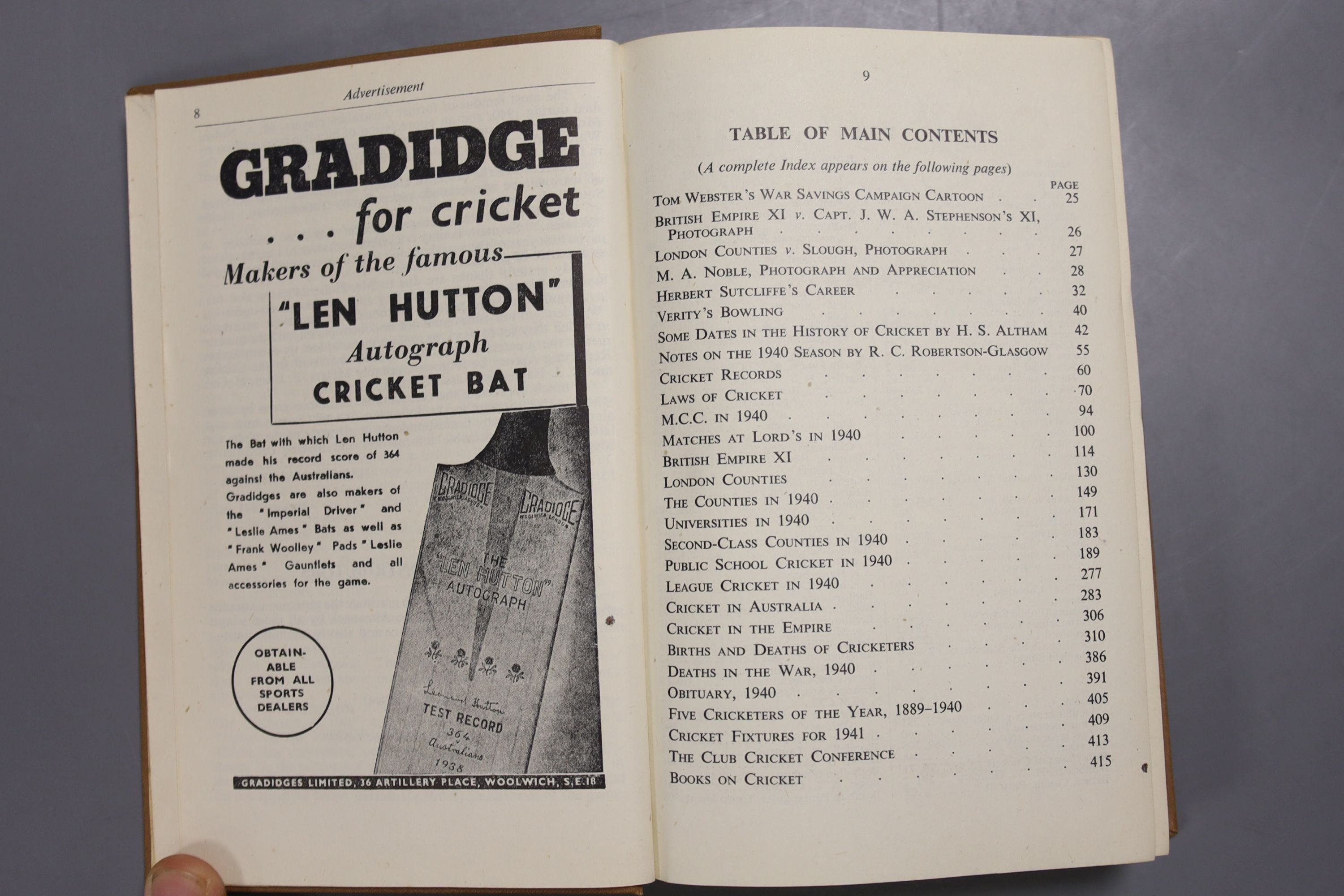 Wisden Cricketer's Almanack, 1941 - pictorial title vignette, photo plates; gilt lettered brown cloth preserving the original pictorial